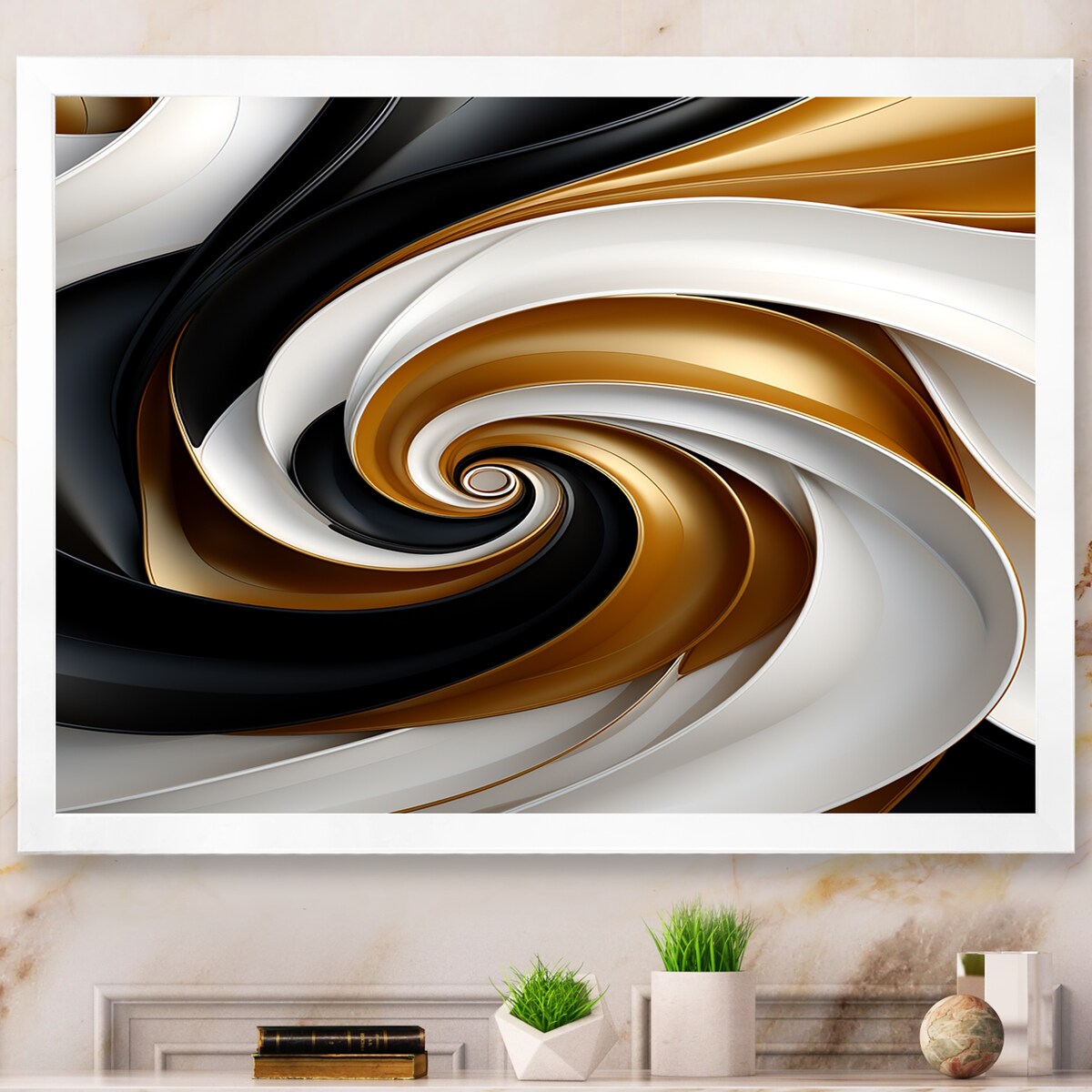Designart "Abstract Liquid Gold Black Double Spiral Swirl" Abstract Spirals Framed Wall Art Prints