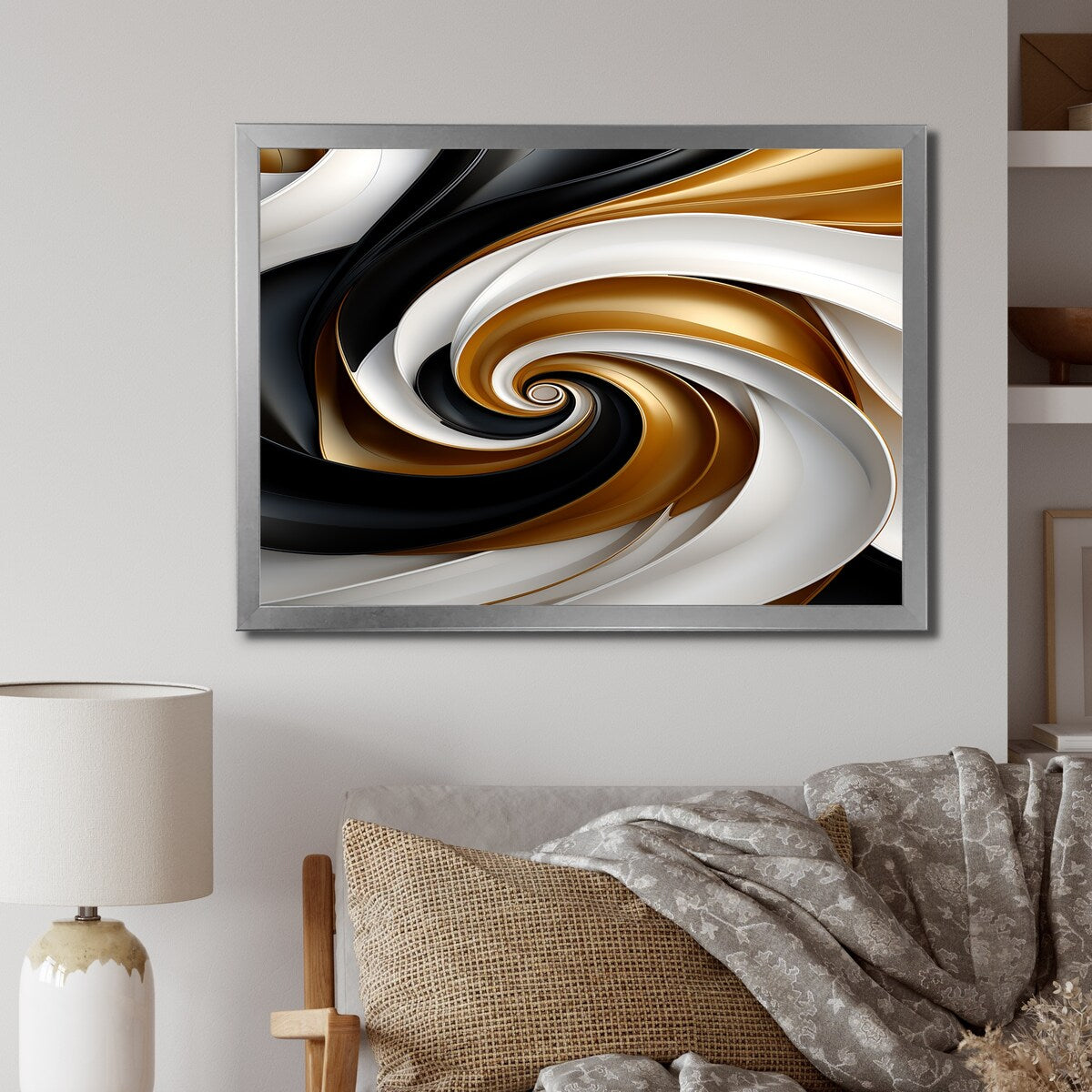 Designart "Abstract Liquid Gold Black Double Spiral Swirl" Abstract Spirals Framed Wall Art Prints