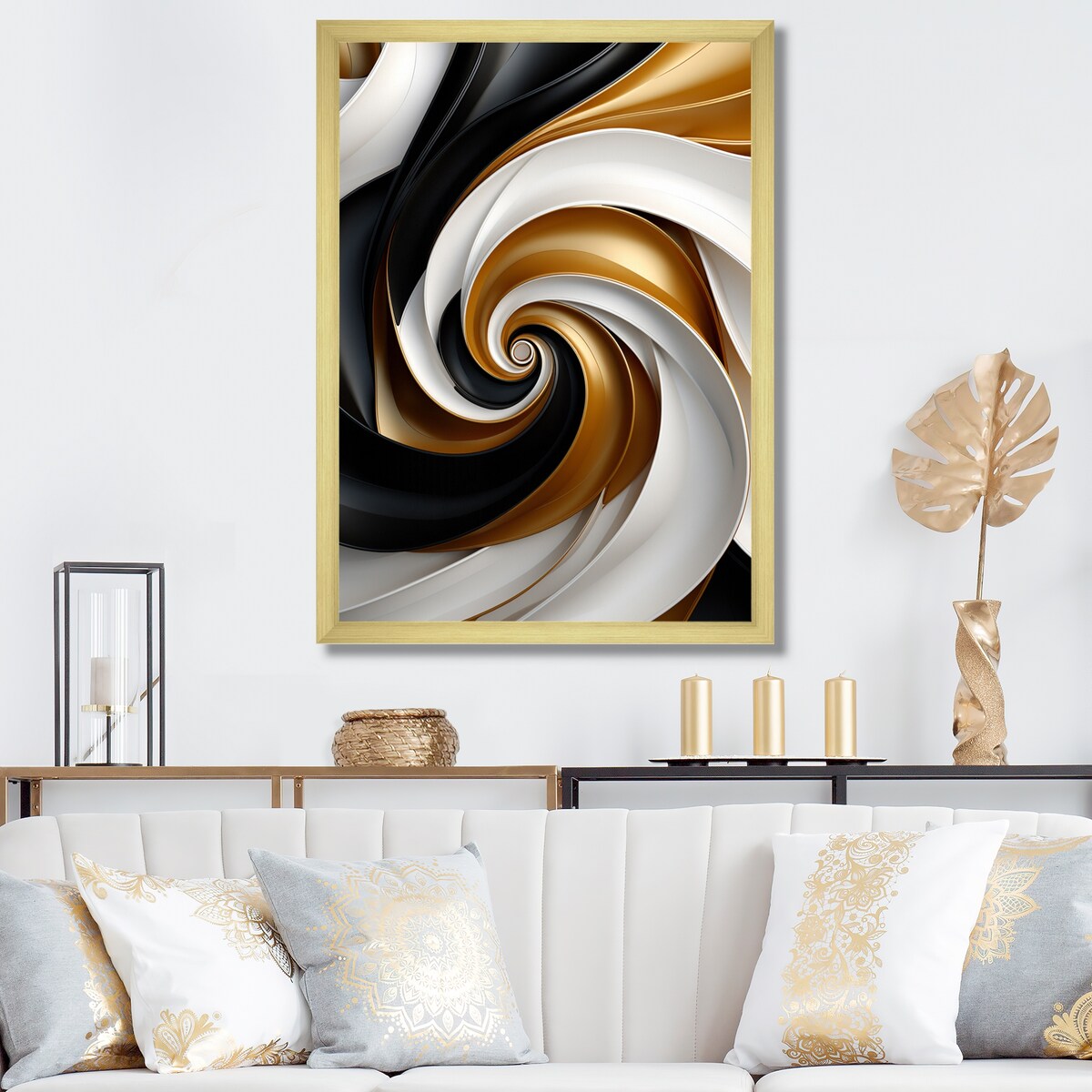 Designart "Abstract Liquid Gold Black Double Spiral Swirl" Abstract Spirals Framed Wall Art Prints