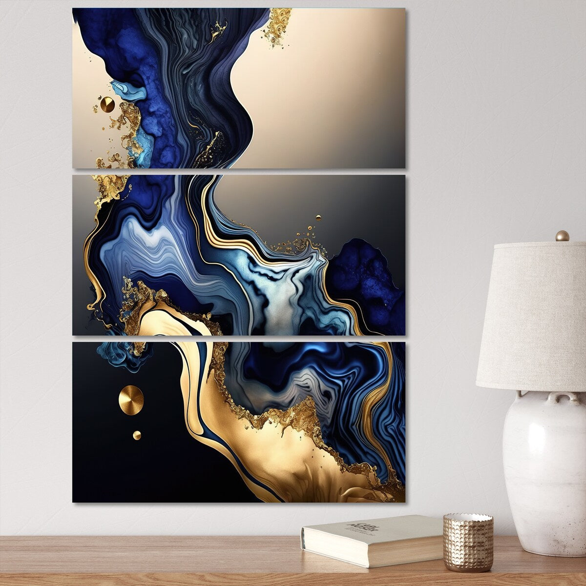 Designart "Abstract Marble Geode Blue I" Abstract Liquid Ink Canvas Art Print - 3 Panels