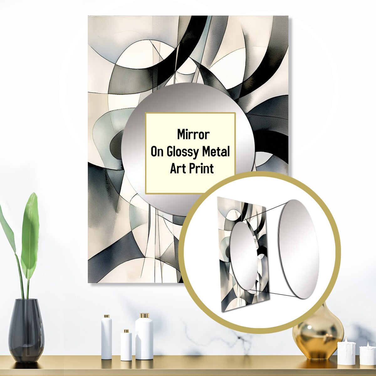 Designart "Abstract Neutral XIII" Modern Geometric Mirror Black - Modern Large Mirror Wall Art For Bathroom