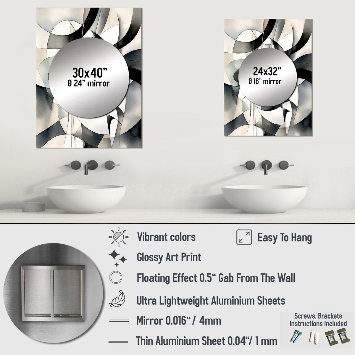 Designart "Abstract Neutral XIII" Modern Geometric Mirror Black - Modern Large Mirror Wall Art For Bathroom
