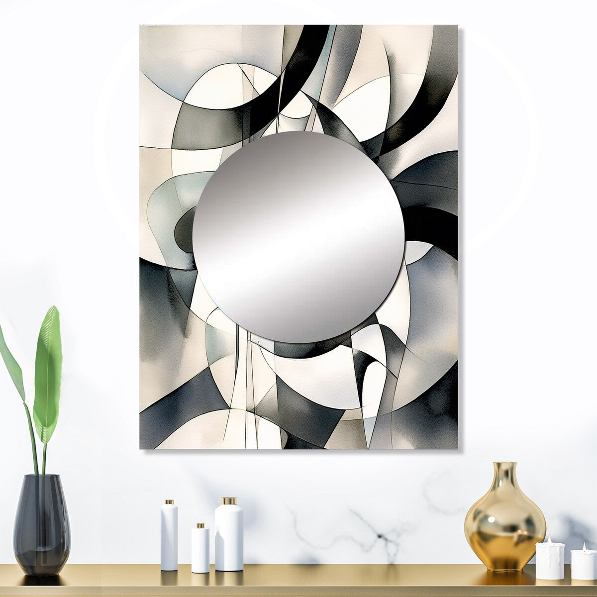 Designart "Abstract Neutral XIII" Modern Geometric Mirror Black - Modern Large Mirror Wall Art For Bathroom