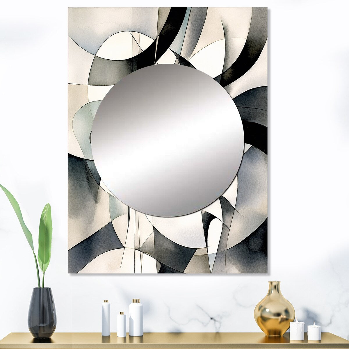Designart "Abstract Neutral XIII" Modern Geometric Mirror Black - Modern Large Mirror Wall Art For Bathroom