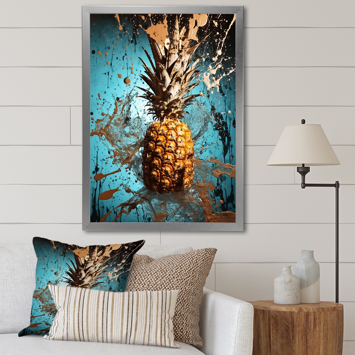 Designart "Abstract Turquoise Ananas Twisted" Pineapples Wall Decor Blue - Traditional Entryway Framed Wall Art