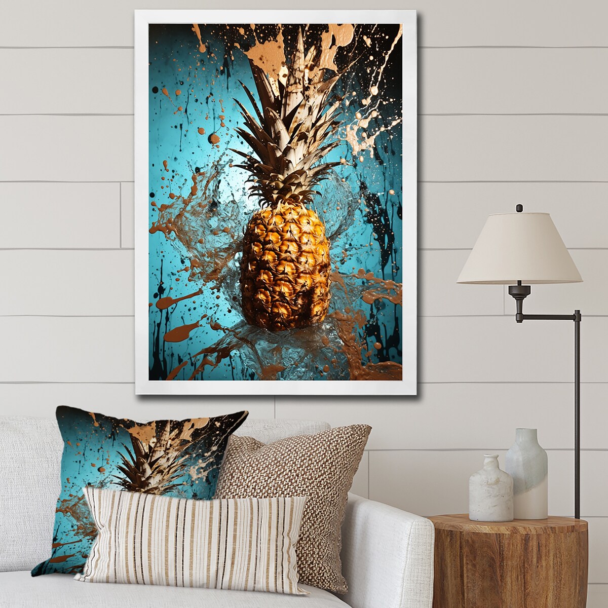 Designart "Abstract Turquoise Ananas Twisted" Pineapples Wall Decor Blue - Traditional Entryway Framed Wall Art