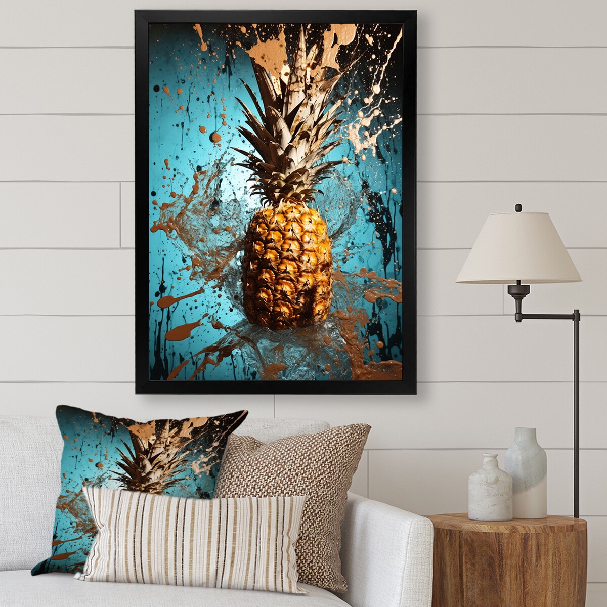 Designart "Abstract Turquoise Ananas Twisted" Pineapples Wall Decor Blue - Traditional Entryway Framed Wall Art