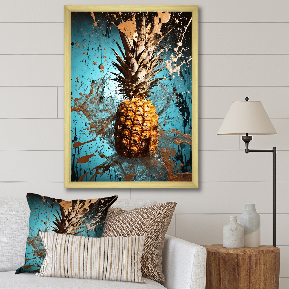 Designart "Abstract Turquoise Ananas Twisted" Pineapples Wall Decor Blue - Traditional Entryway Framed Wall Art