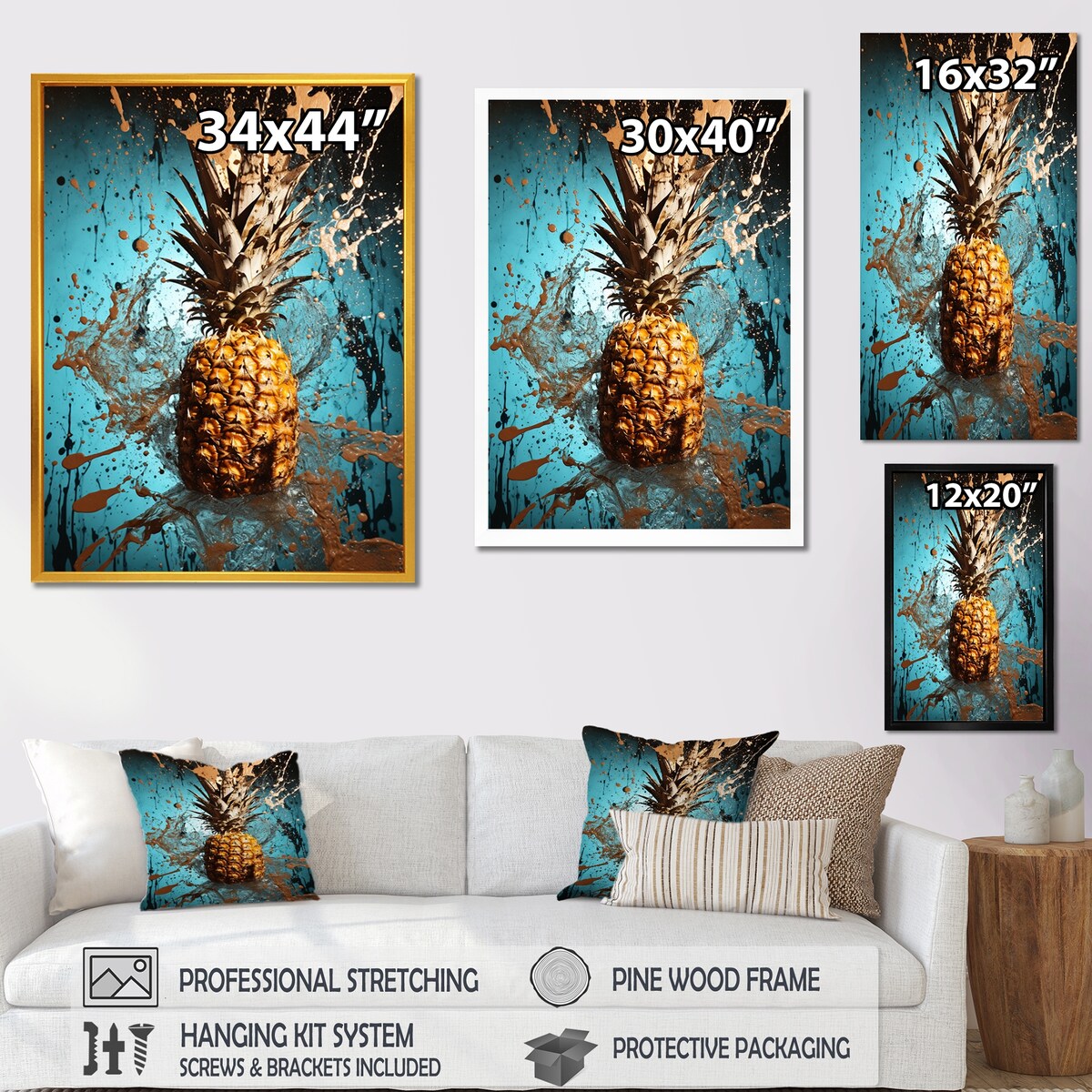 Designart "Abstract Turquoise Ananas Twisted" Pineapples Wall Decor Blue - Traditional Entryway Framed Wall Art
