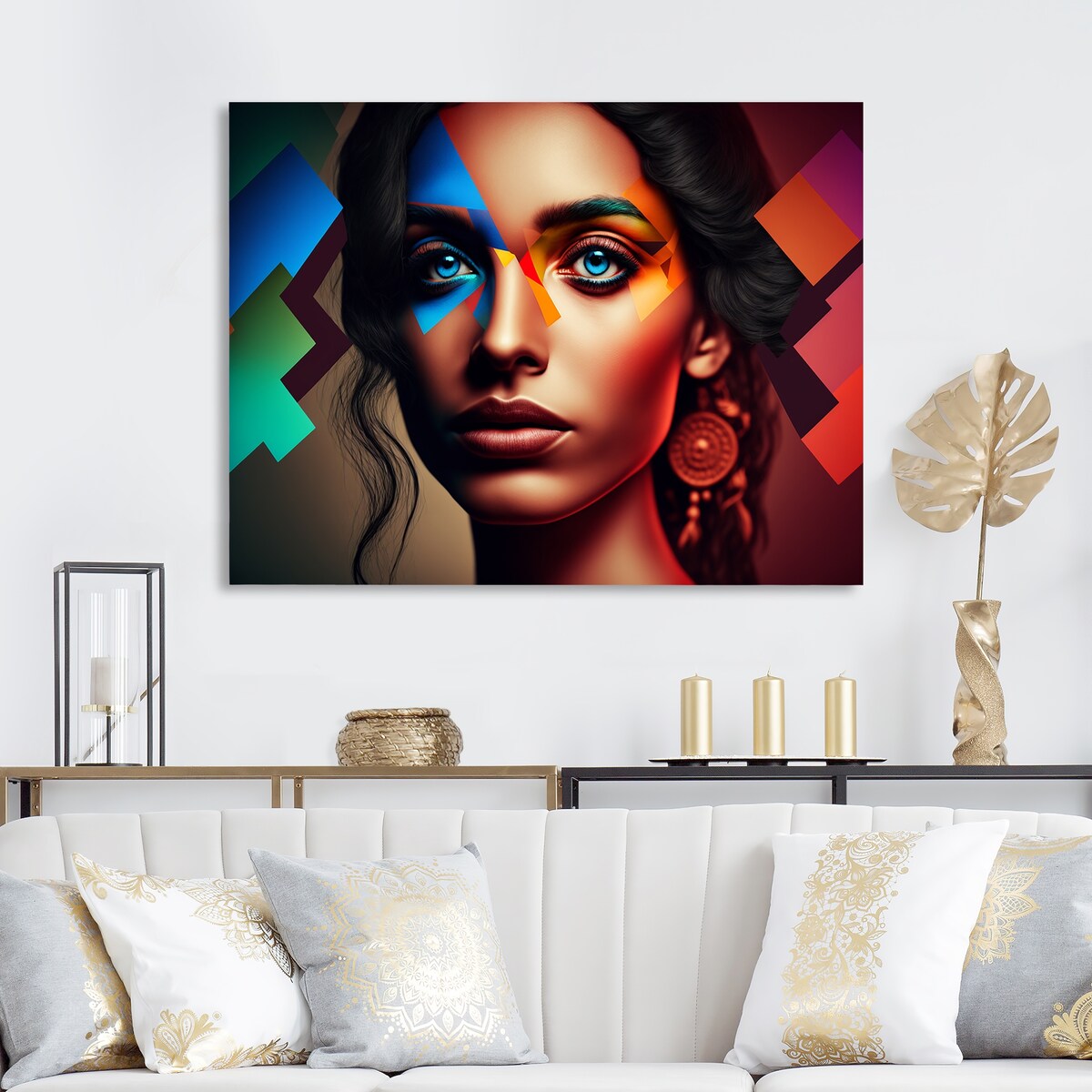 Designart "Abstract Woman Portrait In Red And Blue I" Woman Seductive Canvas Wall Art