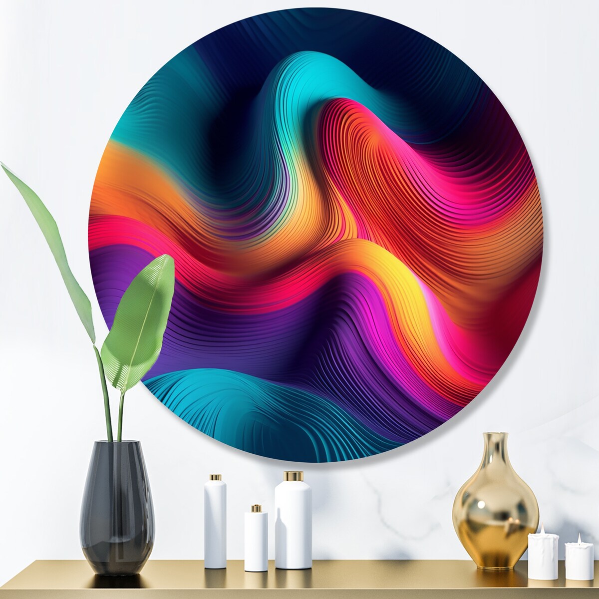 Designart "Abstracted Flowing Forms V" Abstract Liquid Ink Metal Round Wall Art