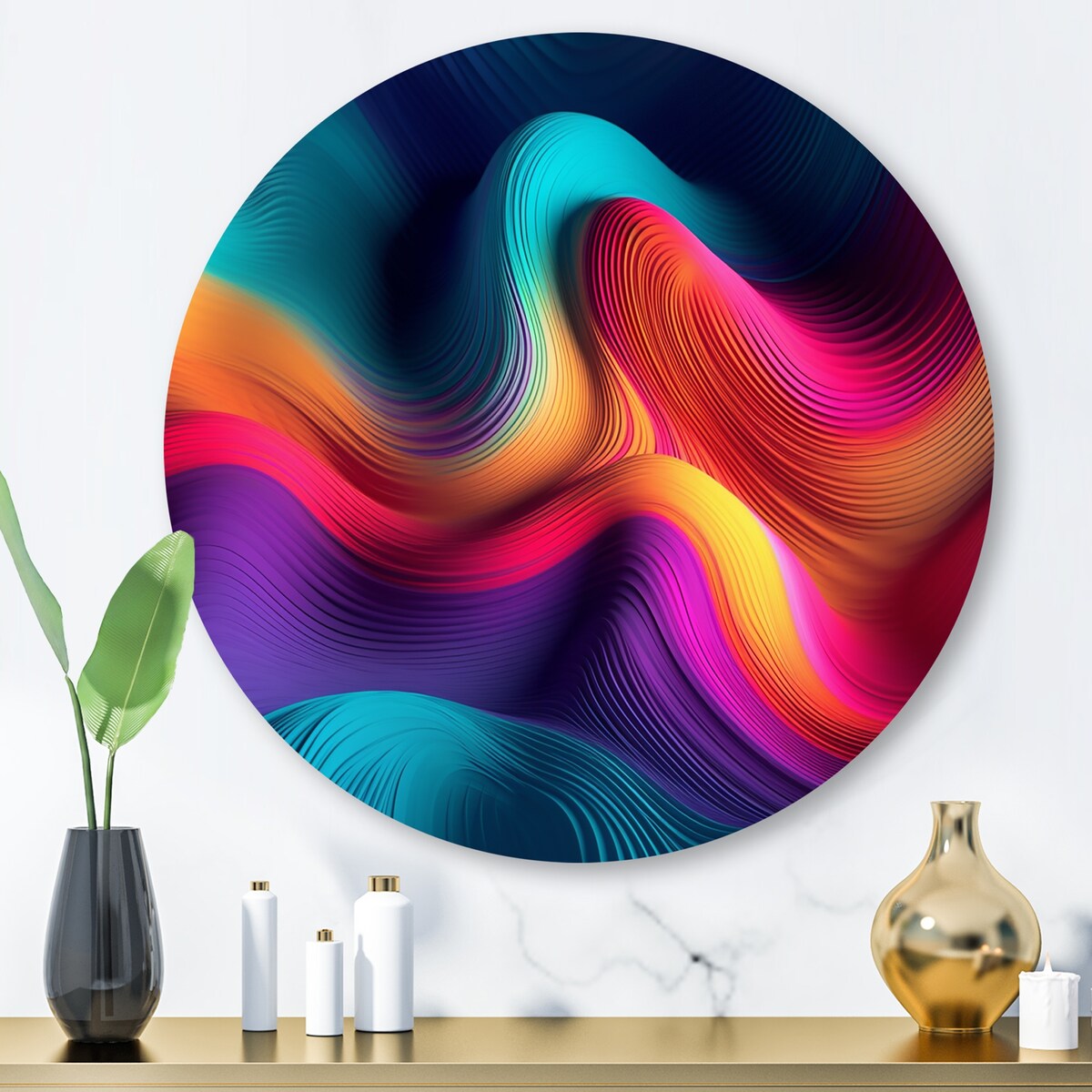 Designart "Abstracted Flowing Forms V" Abstract Liquid Ink Metal Round Wall Art