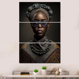 Designart "African American Woman Designer Glasses Traditional Clothes I" African American Woman Canvas Art Print - 3 Panels