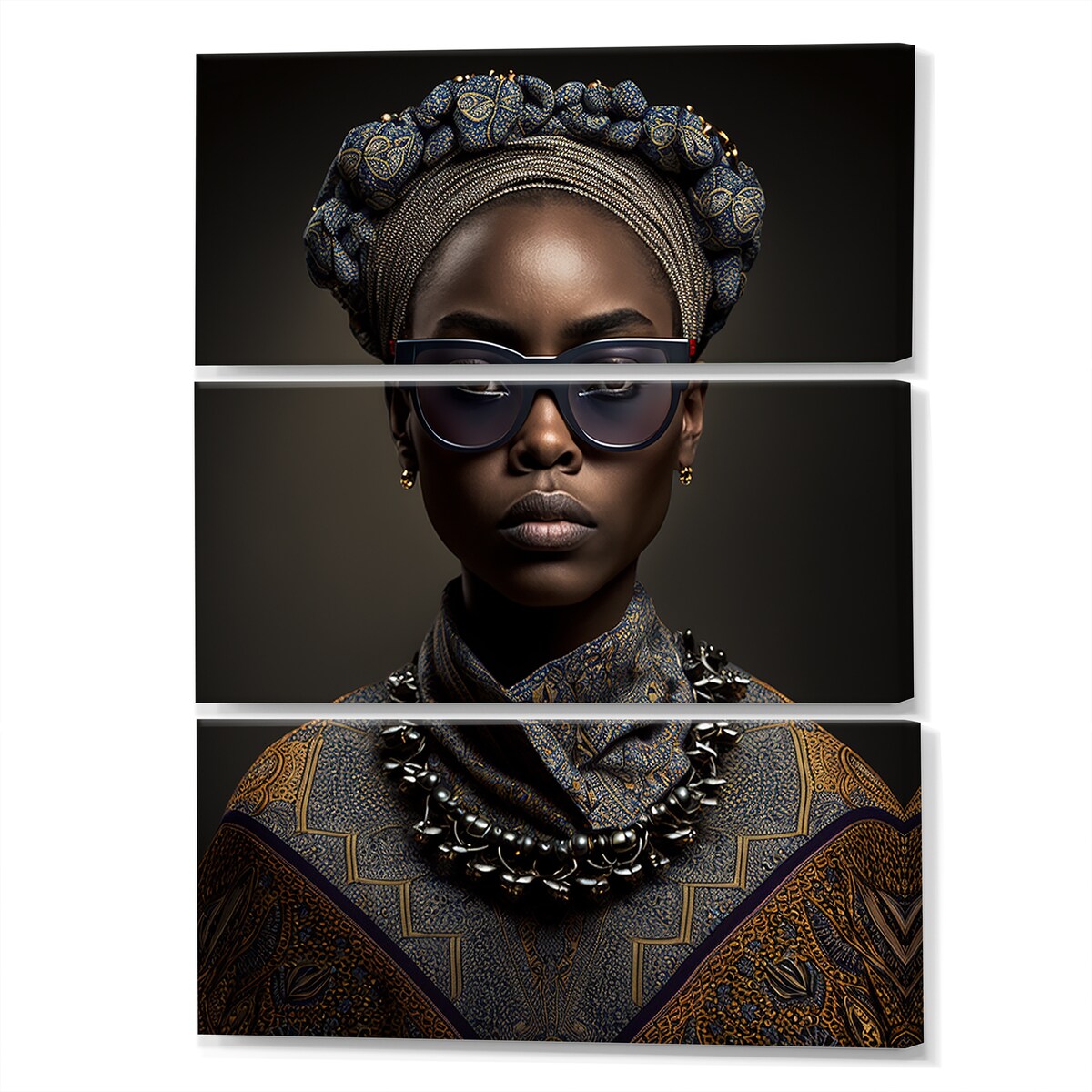 Designart "African American Woman Designer Glasses Traditional Clothes I" African American Woman Canvas Art Print - 3 Panels