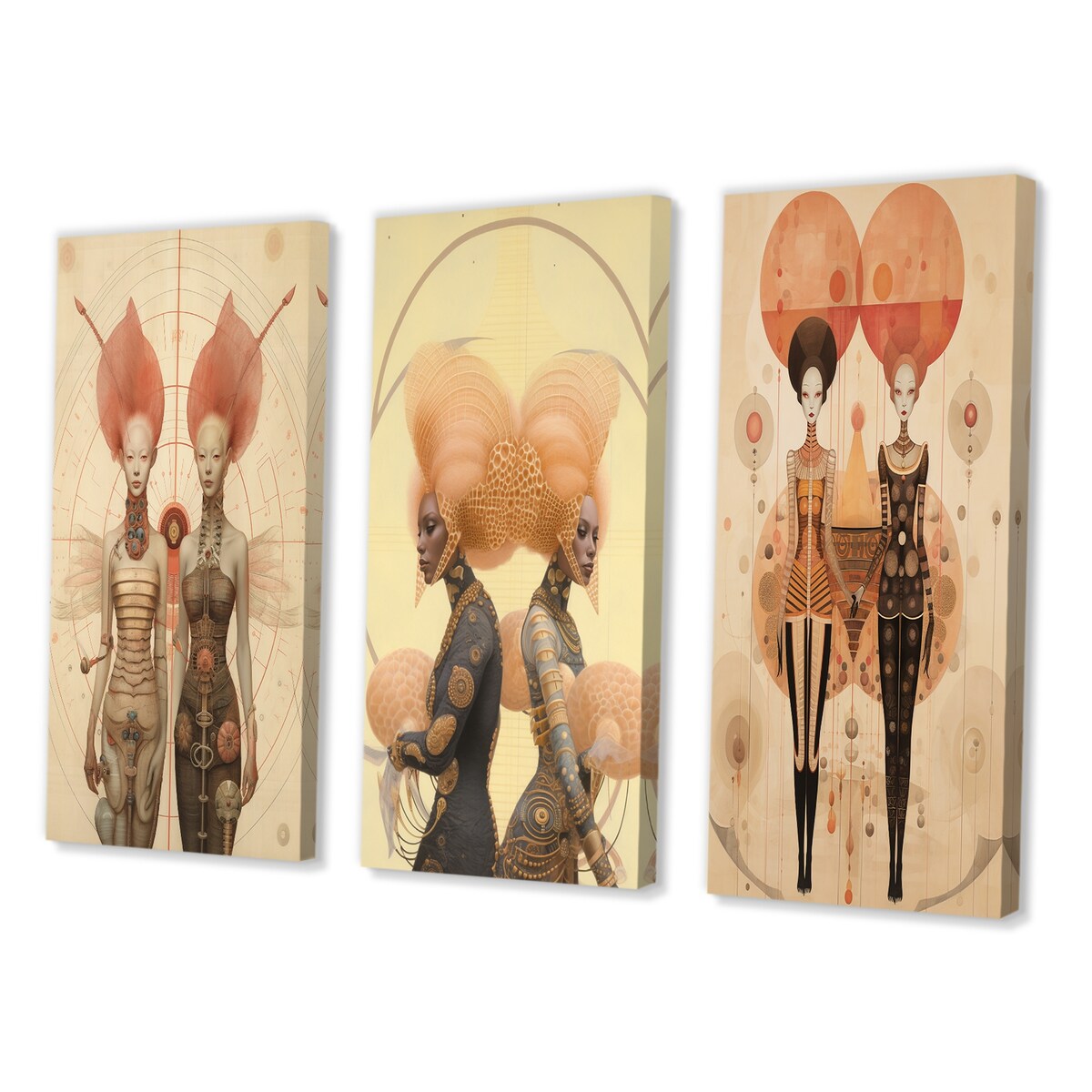 Designart "Alien Goddess Vintage Dreamscape Illustration VI" Abstract Portraits Canvas Set Of 3 - For Living Room Decor