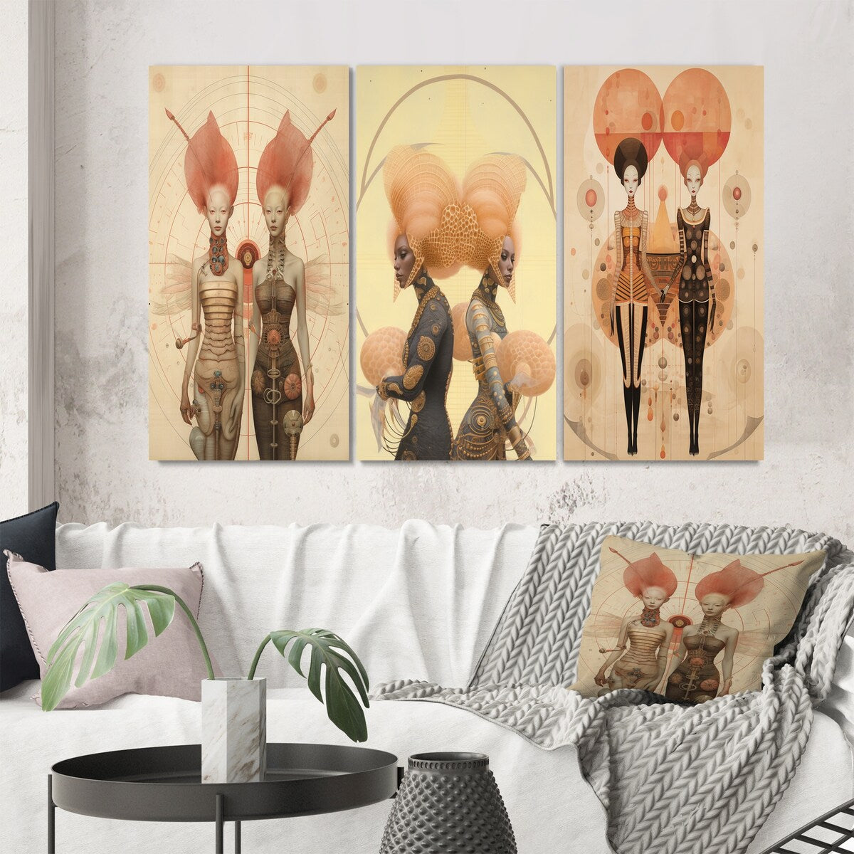 Designart "Alien Goddess Vintage Dreamscape Illustration VI" Abstract Portraits Canvas Set Of 3 - For Living Room Decor