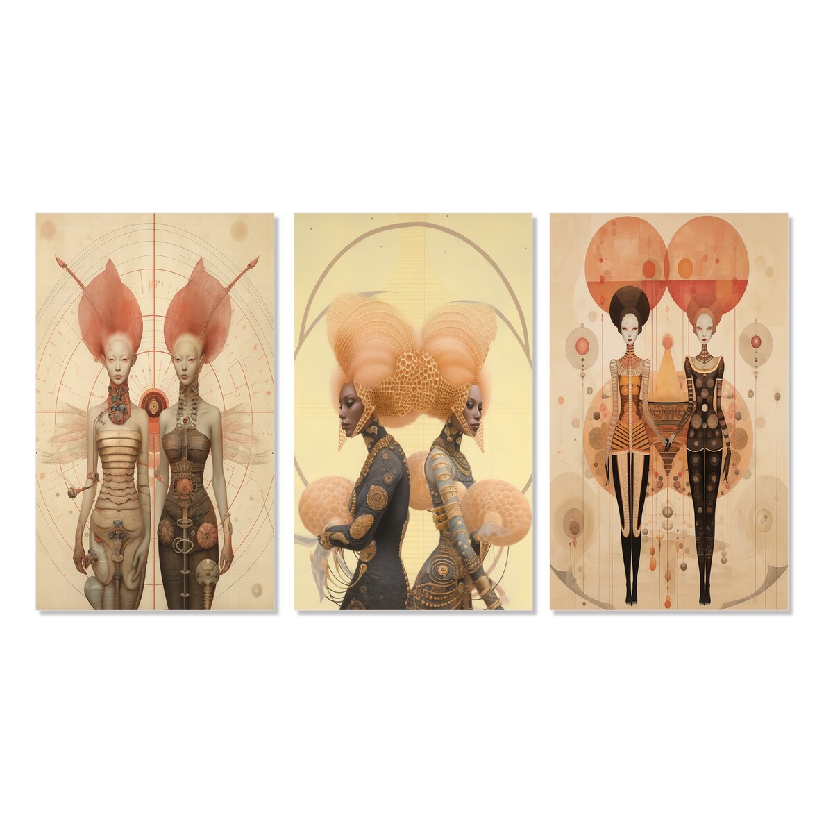 Designart "Alien Goddess Vintage Dreamscape Illustration VI" Abstract Portraits Canvas Set Of 3 - For Living Room Decor