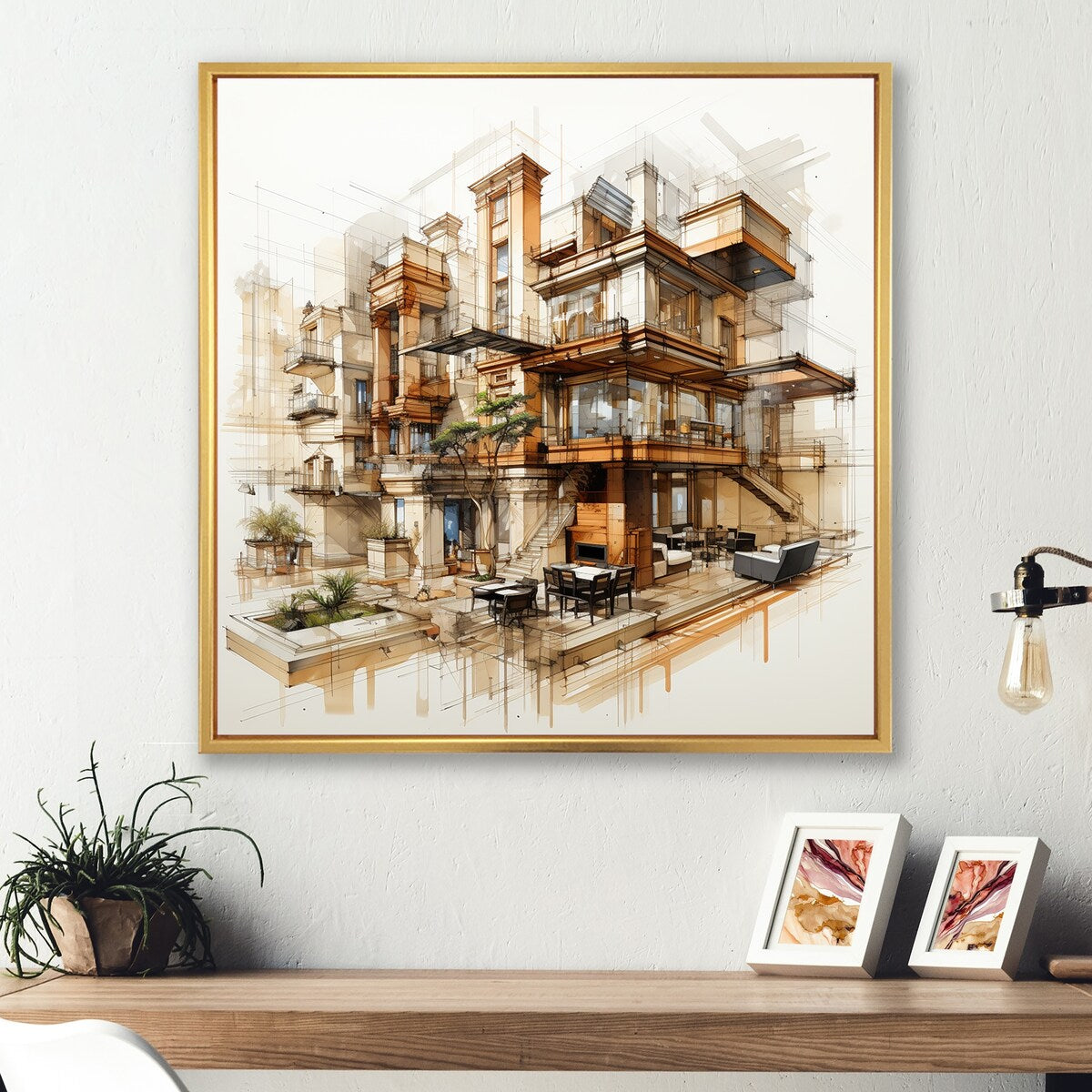 Designart "Analytic Drawing Of A Hotels Lodges " Hotels & Lodges Framed Wall Art Prints