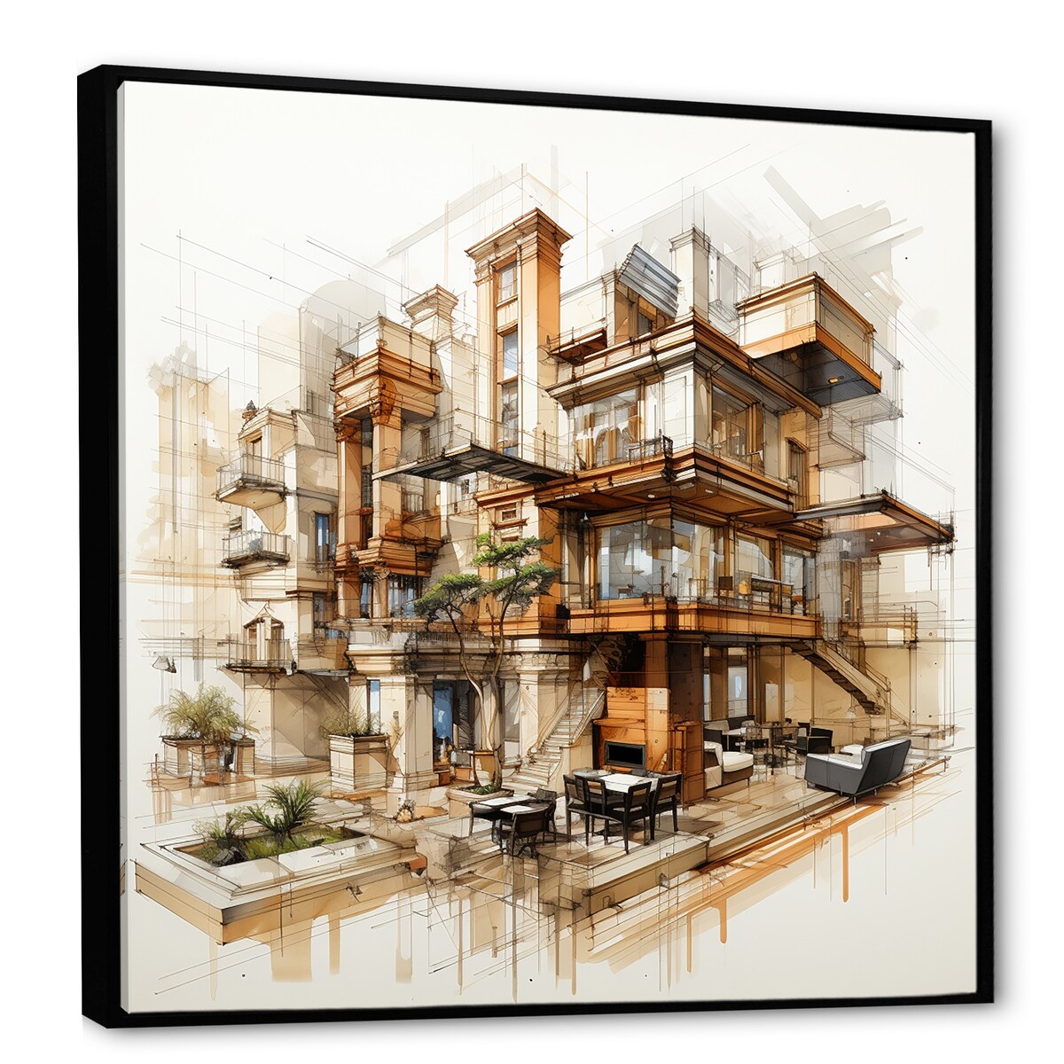 Designart "Analytic Drawing Of A Hotels Lodges " Hotels & Lodges Framed Wall Art Prints