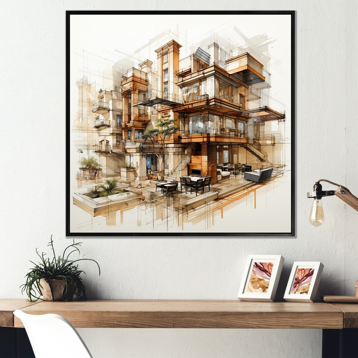 Designart "Analytic Drawing Of A Hotels Lodges " Hotels & Lodges Framed Wall Art Prints