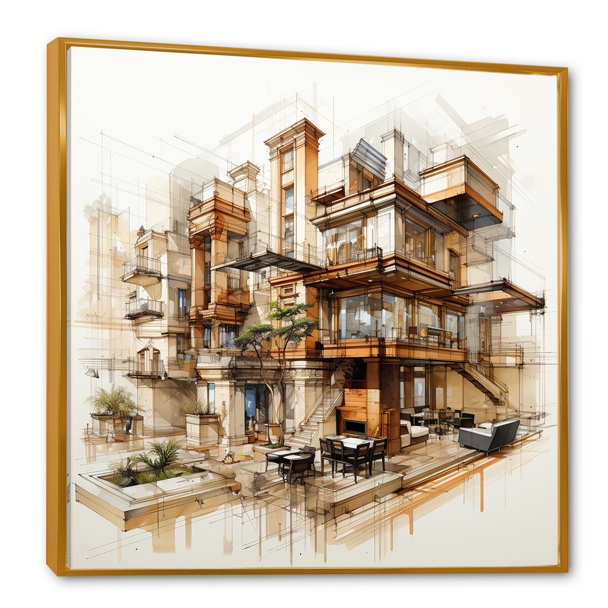 Designart "Analytic Drawing Of A Hotels Lodges " Hotels & Lodges Framed Wall Art Prints