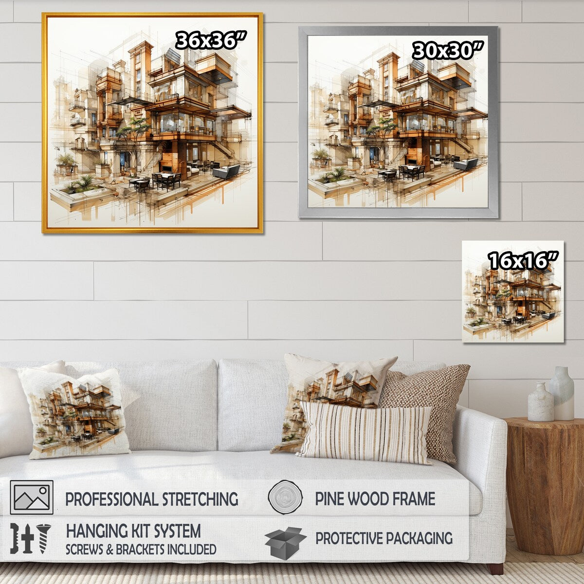 Designart "Analytic Drawing Of A Hotels Lodges " Hotels & Lodges Framed Wall Art Prints