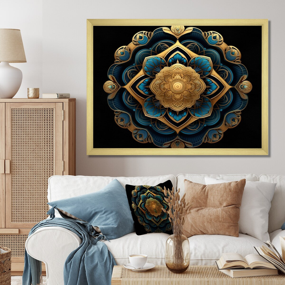 Designart "Ancient Atlantis Mandala In Gold And Turquoise" Boho Mandala Framed Wall Art Living Room
