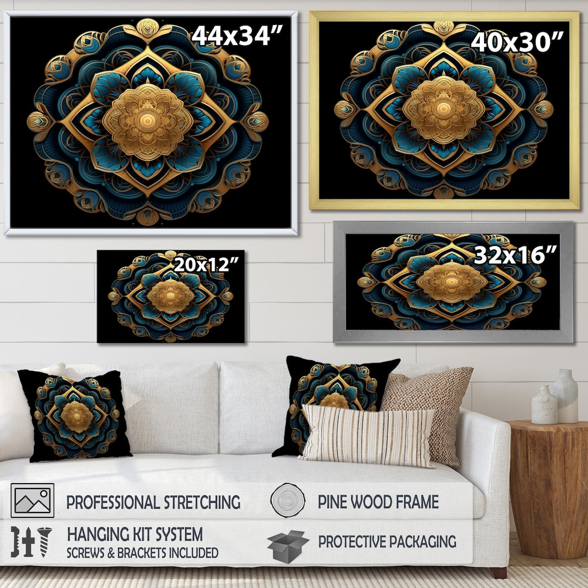 Designart "Ancient Atlantis Mandala In Gold And Turquoise" Boho Mandala Framed Wall Art Living Room