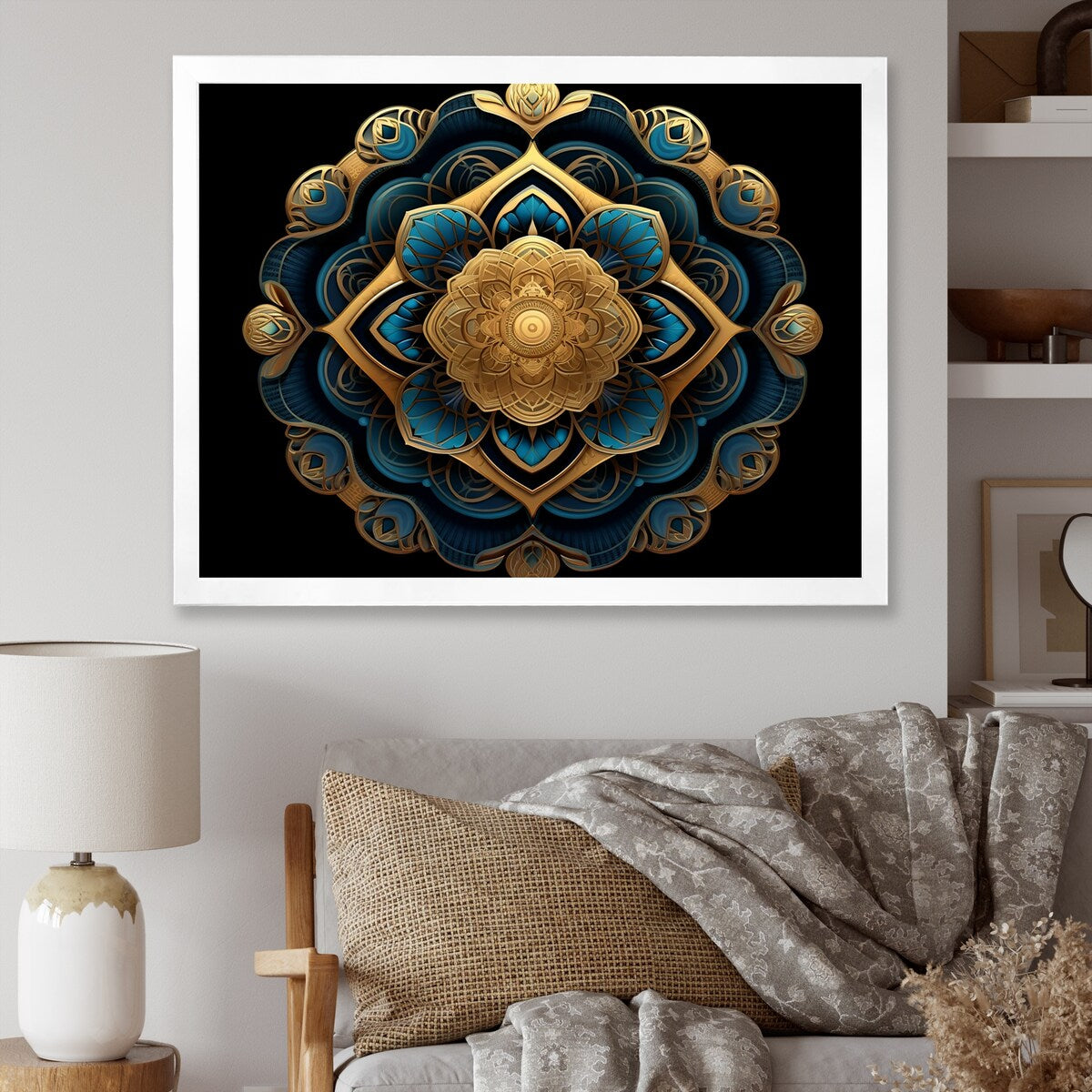 Designart "Ancient Atlantis Mandala In Gold And Turquoise" Boho Mandala Framed Wall Art Living Room
