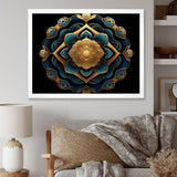 Designart "Ancient Atlantis Mandala In Gold And Turquoise" Boho Mandala Framed Wall Art Living Room