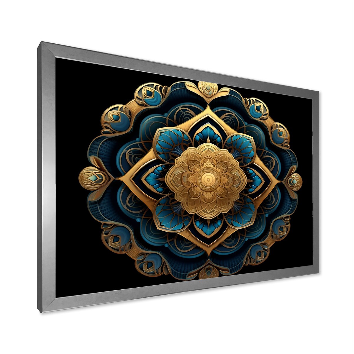 Designart "Ancient Atlantis Mandala In Gold And Turquoise" Boho Mandala Framed Wall Art Living Room