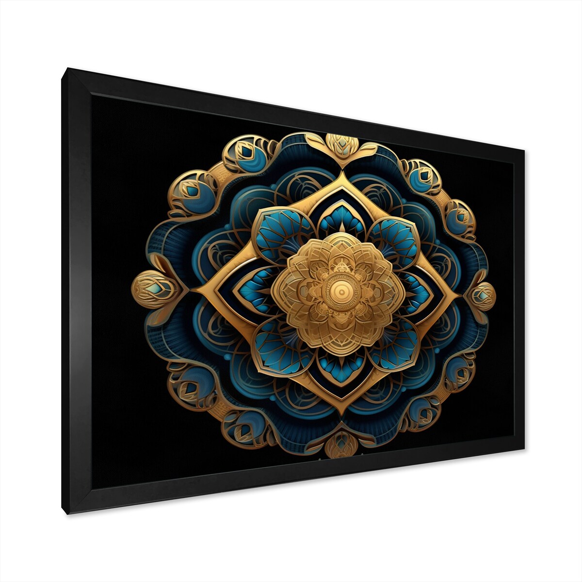 Designart "Ancient Atlantis Mandala In Gold And Turquoise" Boho Mandala Framed Wall Art Living Room