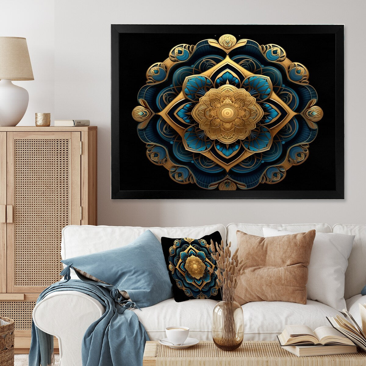Designart "Ancient Atlantis Mandala In Gold And Turquoise" Boho Mandala Framed Wall Art Living Room