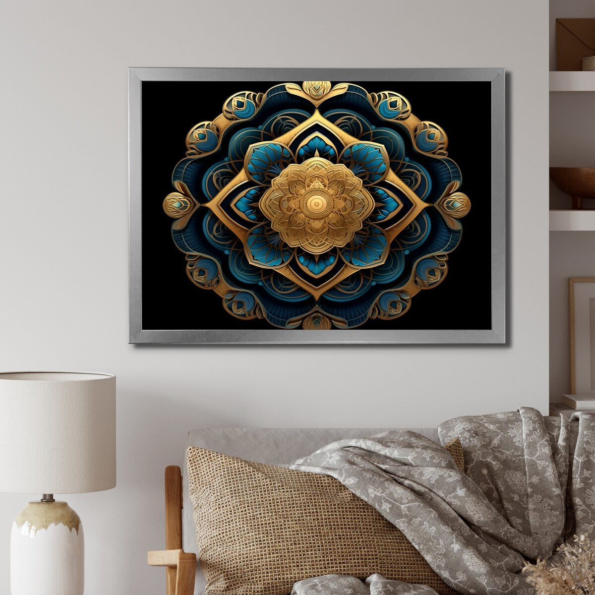 Designart "Ancient Atlantis Mandala In Gold And Turquoise" Boho Mandala Framed Wall Art Living Room