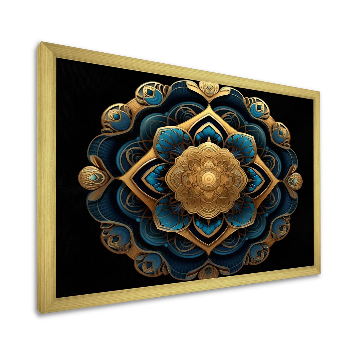 Designart "Ancient Atlantis Mandala In Gold And Turquoise" Boho Mandala Framed Wall Art Living Room