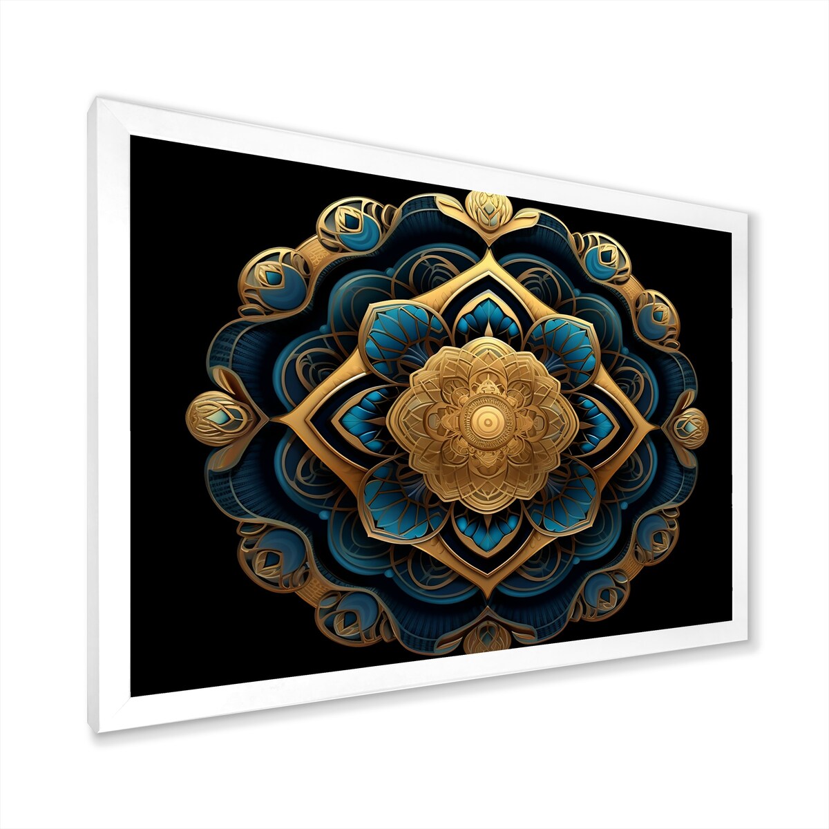 Designart "Ancient Atlantis Mandala In Gold And Turquoise" Boho Mandala Framed Wall Art Living Room