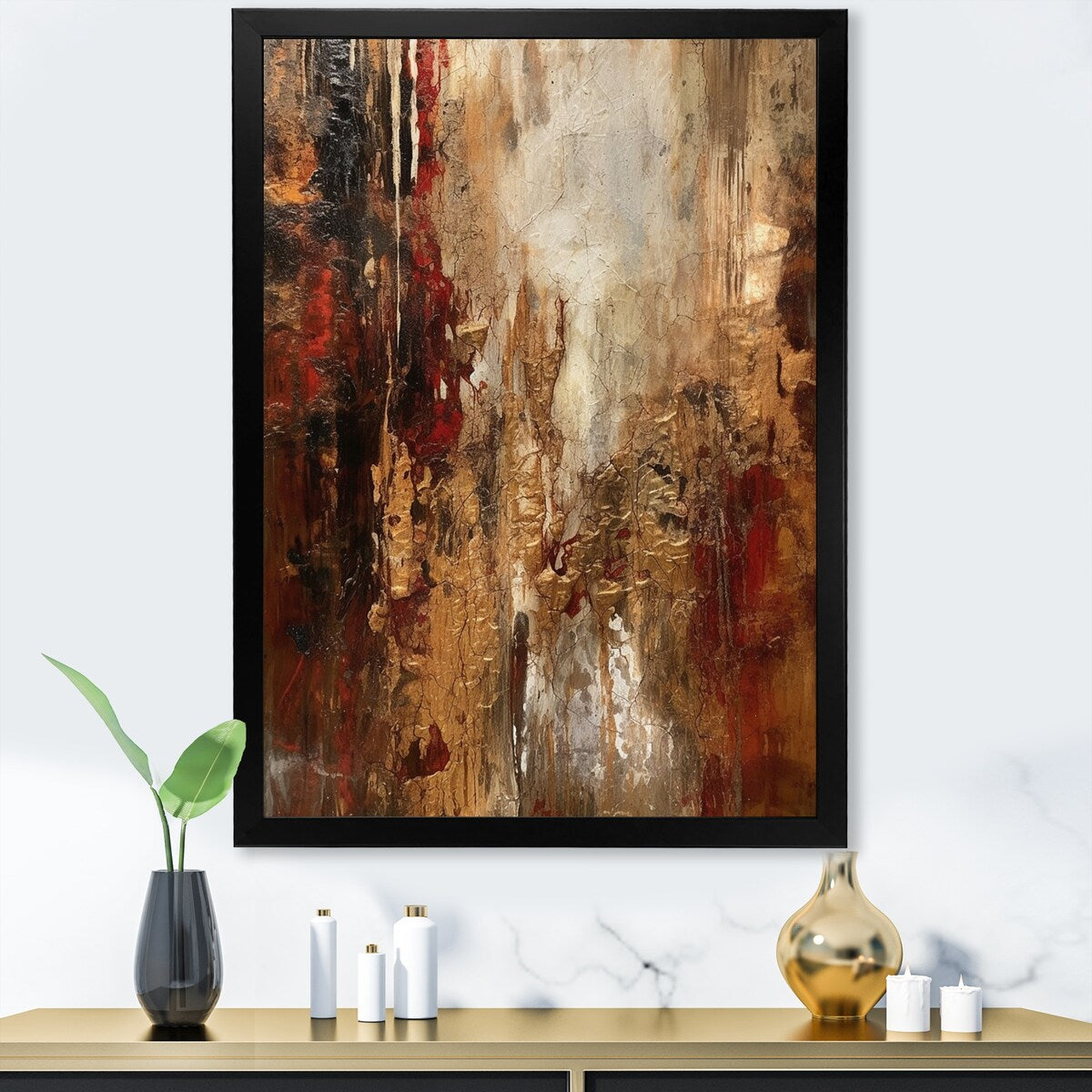 Designart "Ancient Italian Revelations In Gold And Red" Abstract Painting Framed Wall Art Prints