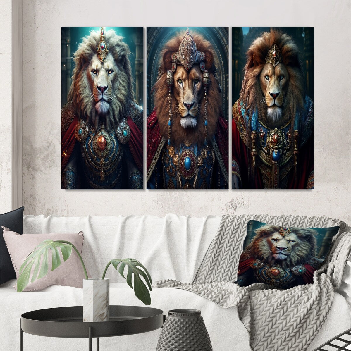 Designart "Ancient Portrait Of Majestic Lion King II" Animals Lion White - Printed Art Set Of 3 For Bedroom