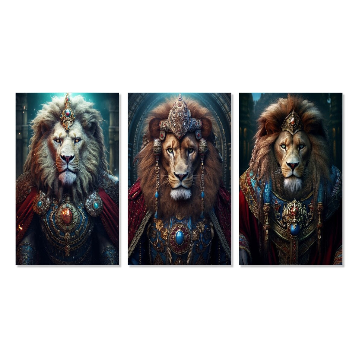 Designart "Ancient Portrait Of Majestic Lion King II" Animals Lion White - Printed Art Set Of 3 For Bedroom