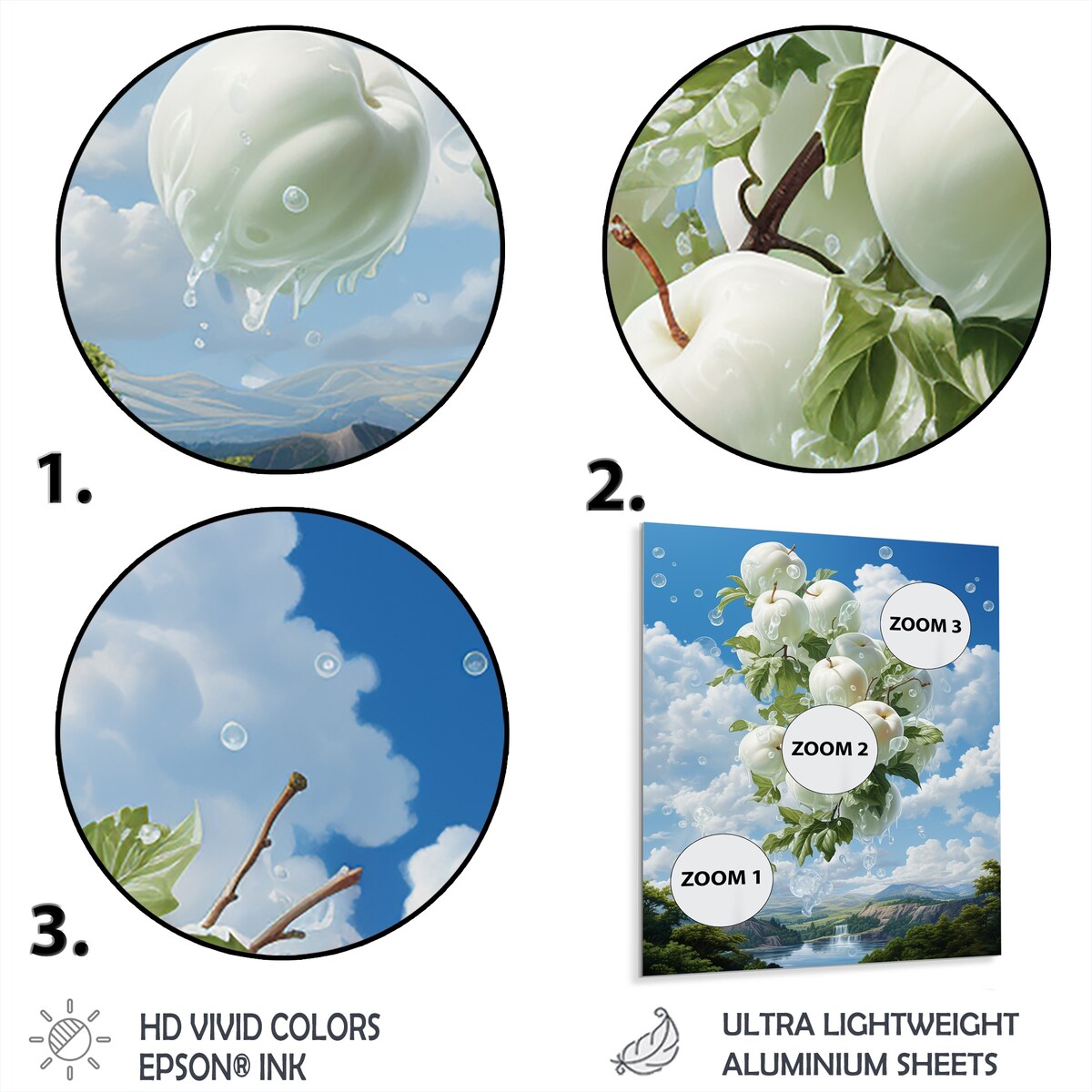 Designart "Apple Ascension Cloud White Surreal I" Fruits Metal Wall Art - White Metal Art Traditional Metal Art Work