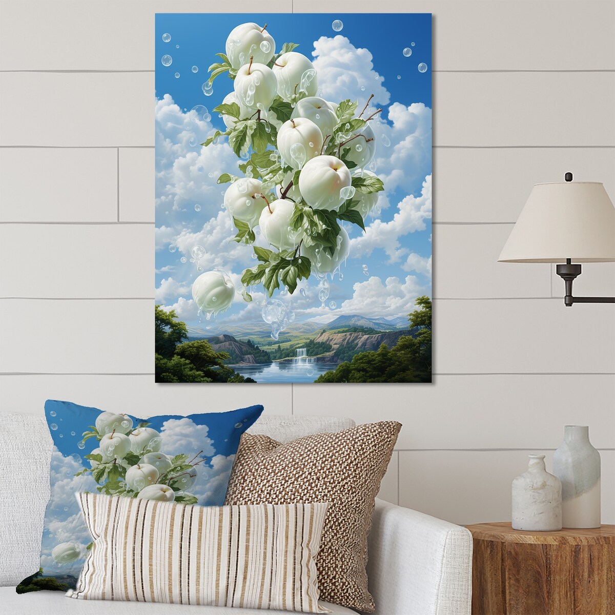 Designart "Apple Ascension Cloud White Surreal I" Fruits Metal Wall Art - White Metal Art Traditional Metal Art Work