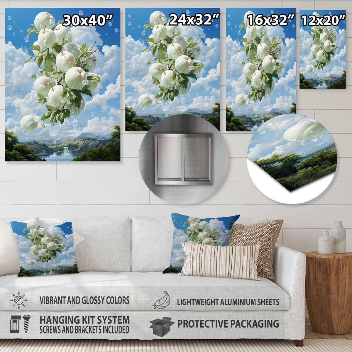 Designart "Apple Ascension Cloud White Surreal I" Fruits Metal Wall Art - White Metal Art Traditional Metal Art Work