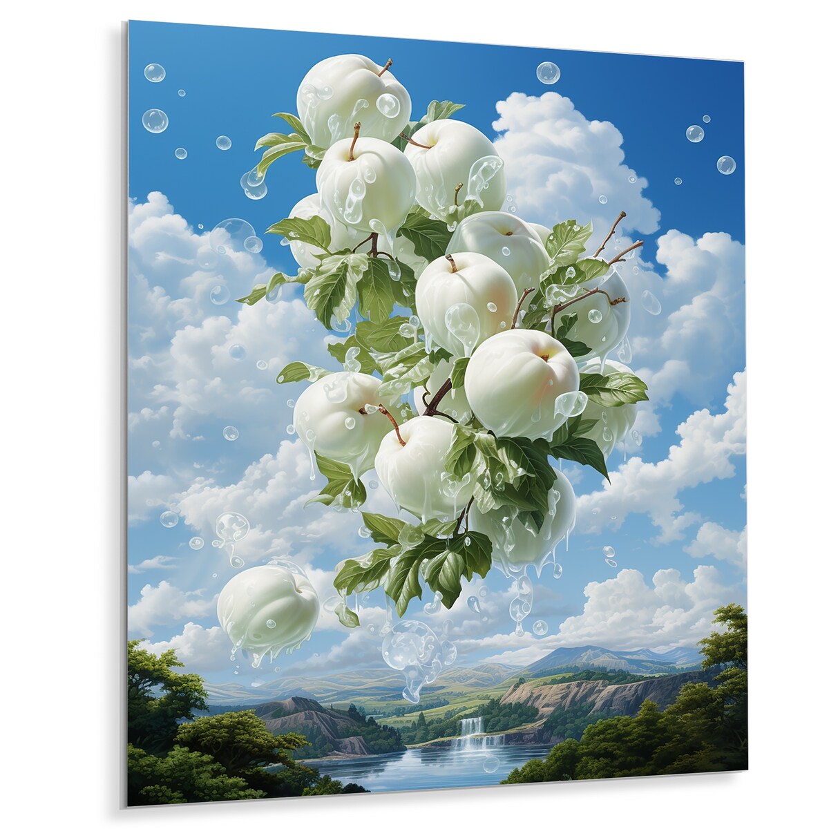 Designart "Apple Ascension Cloud White Surreal I" Fruits Metal Wall Art - White Metal Art Traditional Metal Art Work