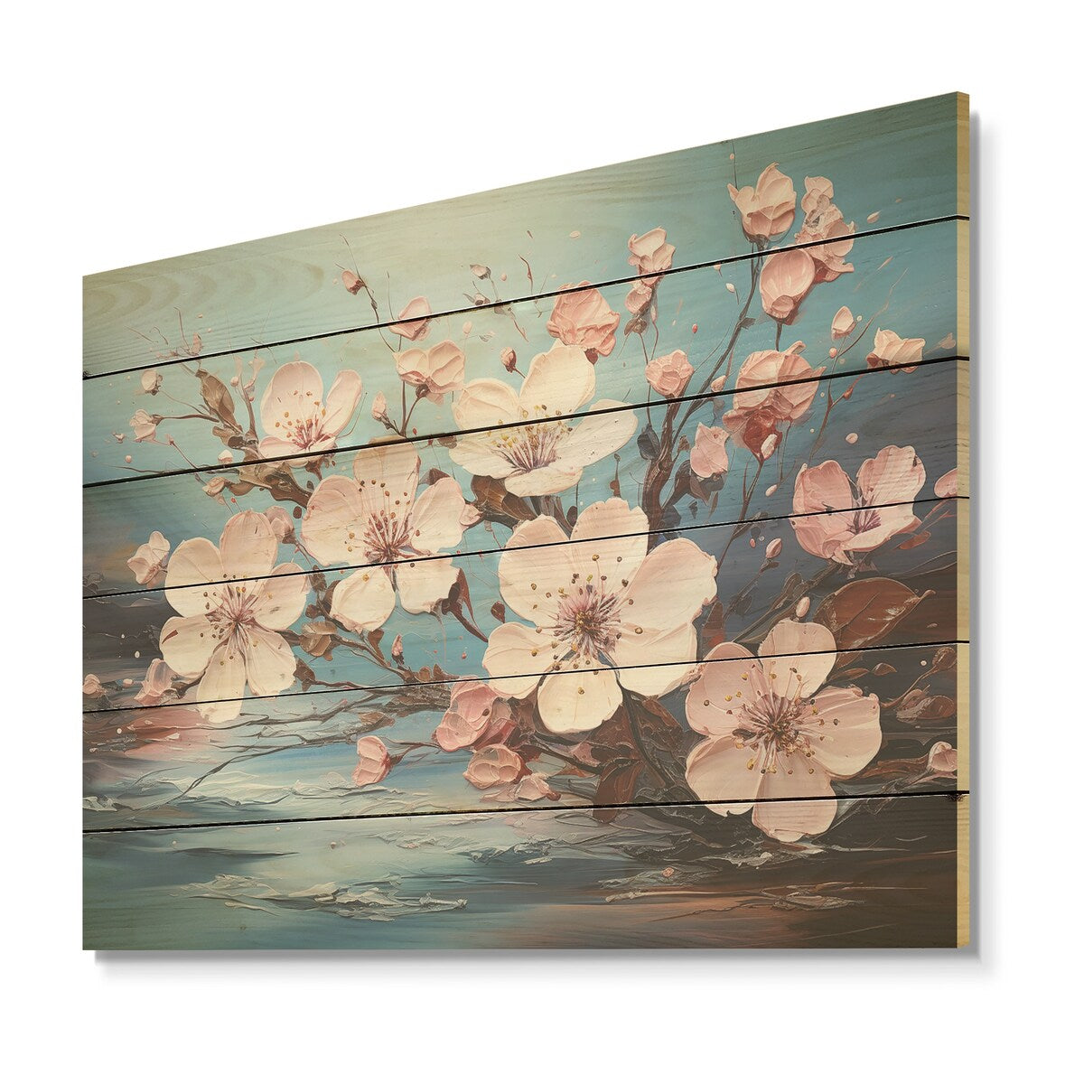 Designart "Apple Blossom Flower Tree" Flower Field Wood Wall Decor - Traditional Pink Wood Panel On Natural Pine Wood