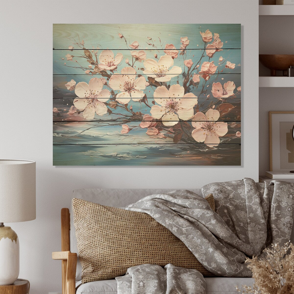Designart "Apple Blossom Flower Tree" Flower Field Wood Wall Decor - Traditional Pink Wood Panel On Natural Pine Wood