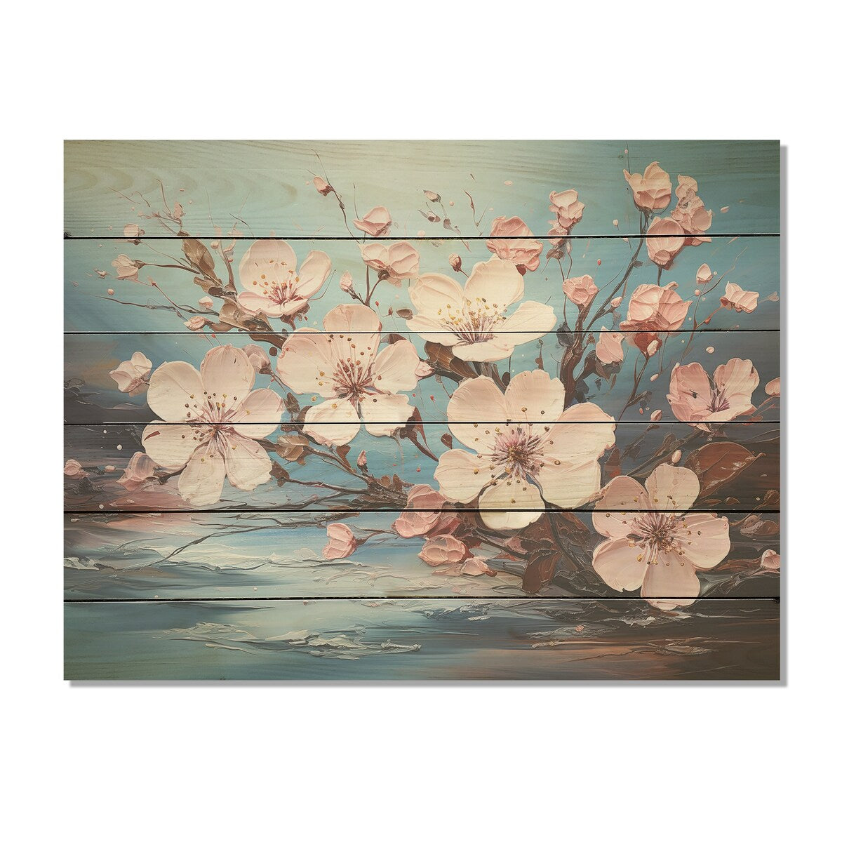 Designart "Apple Blossom Flower Tree" Flower Field Wood Wall Decor - Traditional Pink Wood Panel On Natural Pine Wood