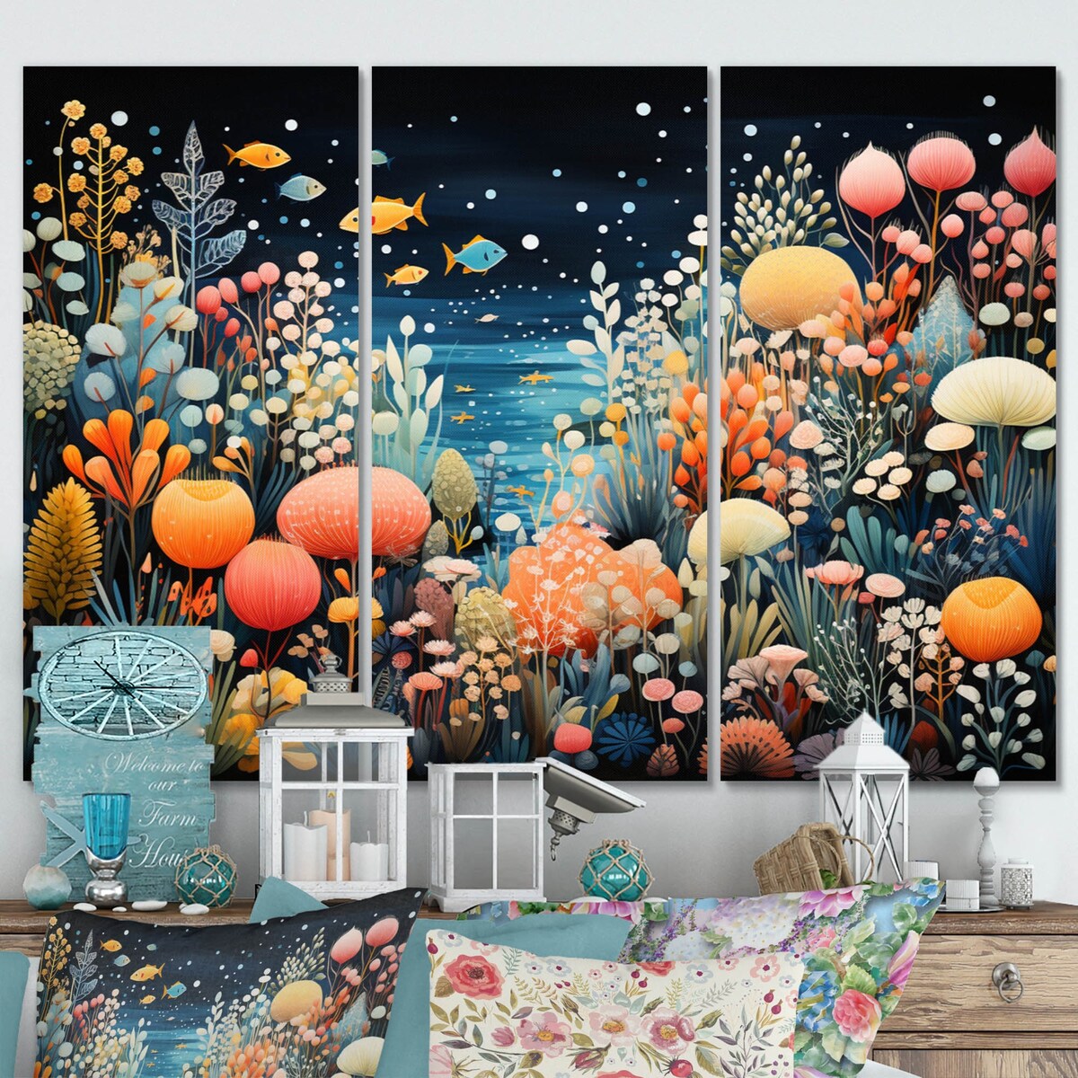 Designart "Aquariums Aquatic Pointillism An II" Nautical & Beach Metal Art Print Set