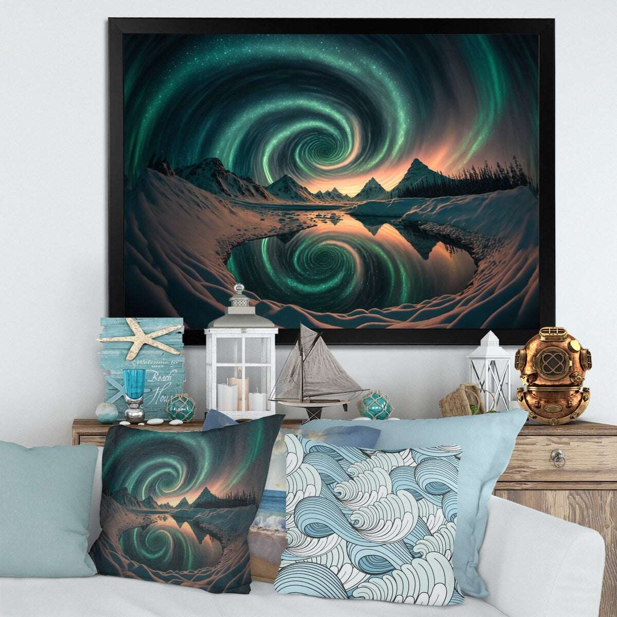 Designart "Aurora Borealis Magical Northern Lights IV" Landscape Mountains Framed Art Print