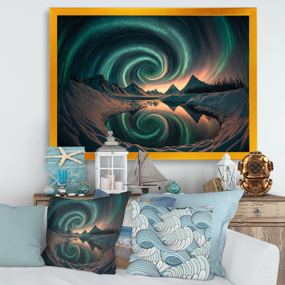 Designart "Aurora Borealis Magical Northern Lights IV" Landscape Mountains Framed Art Print