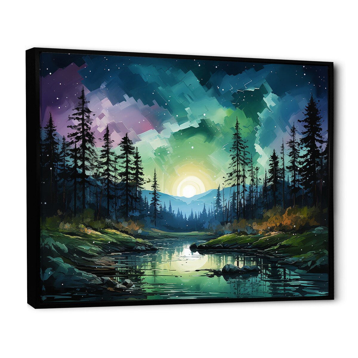 Designart "Aurora Borealis Scenery Watercolor IV" Aurora Borealis Framed Canvas Wall Art